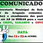 Secretaria da Saúde informa período de vacinas p/Gripe, Sarampo e Covid